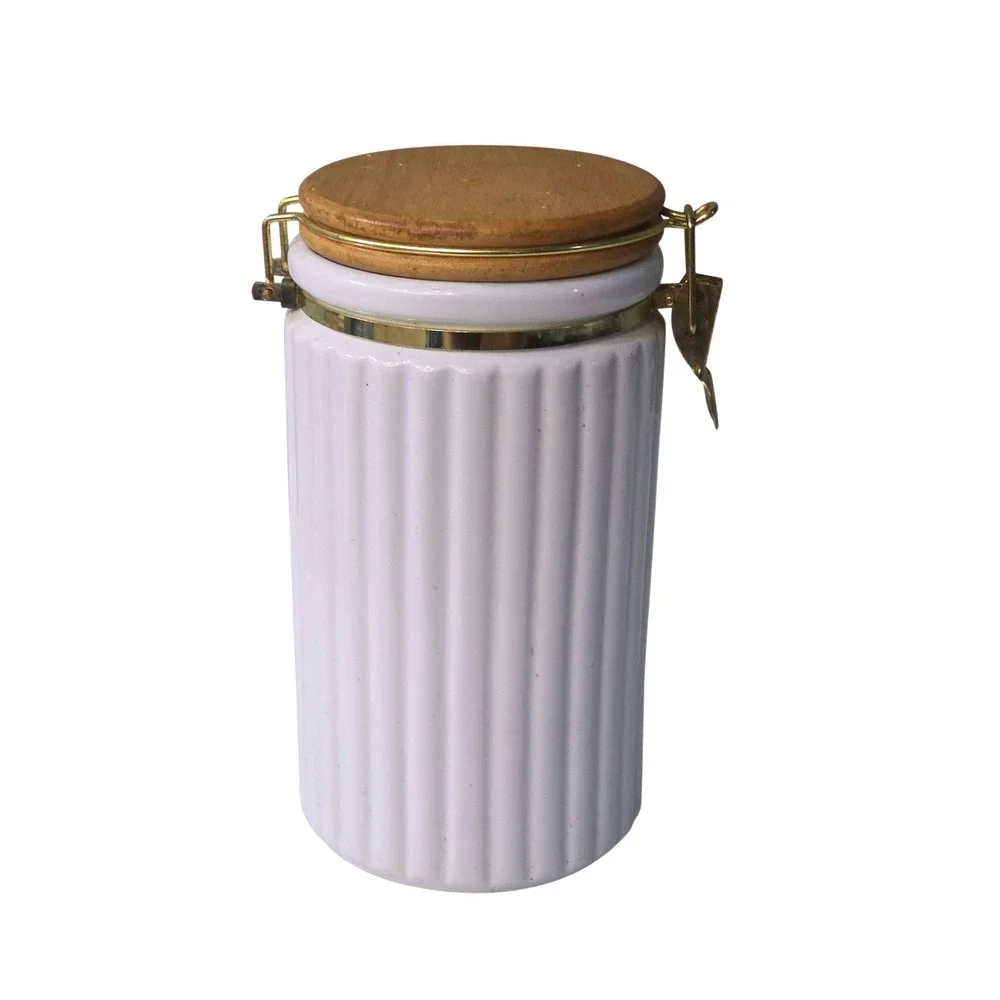 White Jar Ceramic Kitchen Canister with Wood Lid and Scoop Gold Clasp